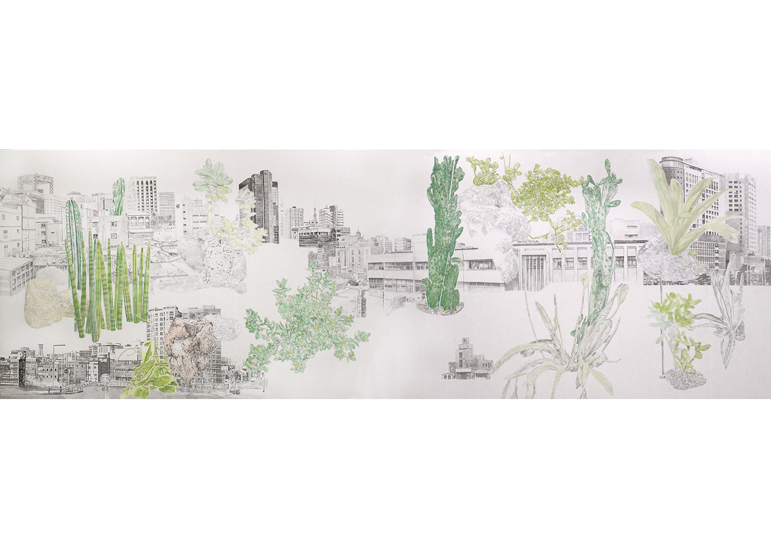 삼시소원도三市小園圖, 114 x 178 cm x 2폭, 비단에 수묵채색, 2019@Small garden within three cities, 114 x 178cm x 2pcs, ink and mineral pigments on silk 2019
